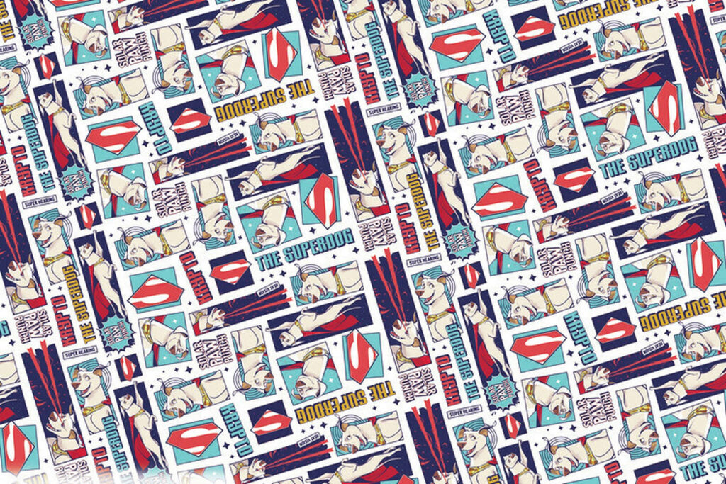 DC League of Super Pets wallpaper with playful square pattern and vibrant comic-style superheroes