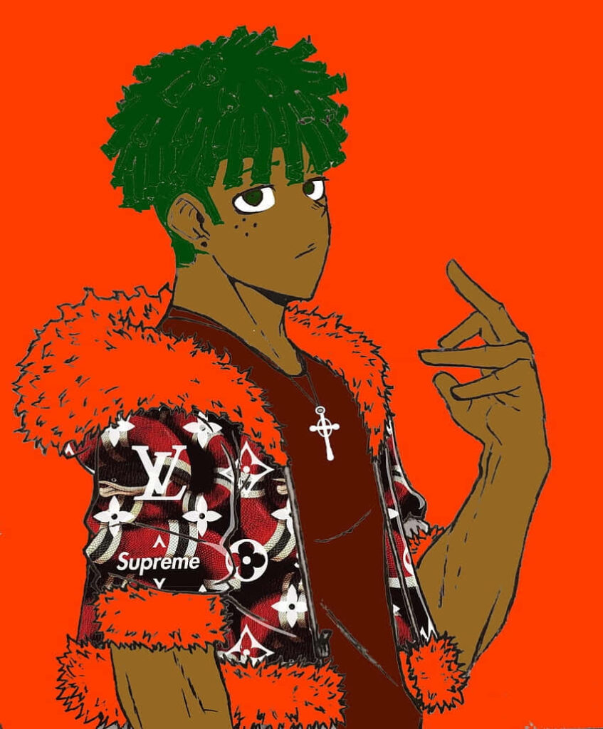 Anime-style wallpaper of DC The Don in Louis Vuitton Supreme jacket on bold orange background