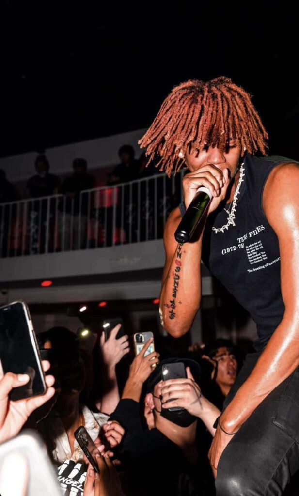 DC The Don performing live with red dreadlocks vibrant lighting and energetic concert crowd background Wallpaper