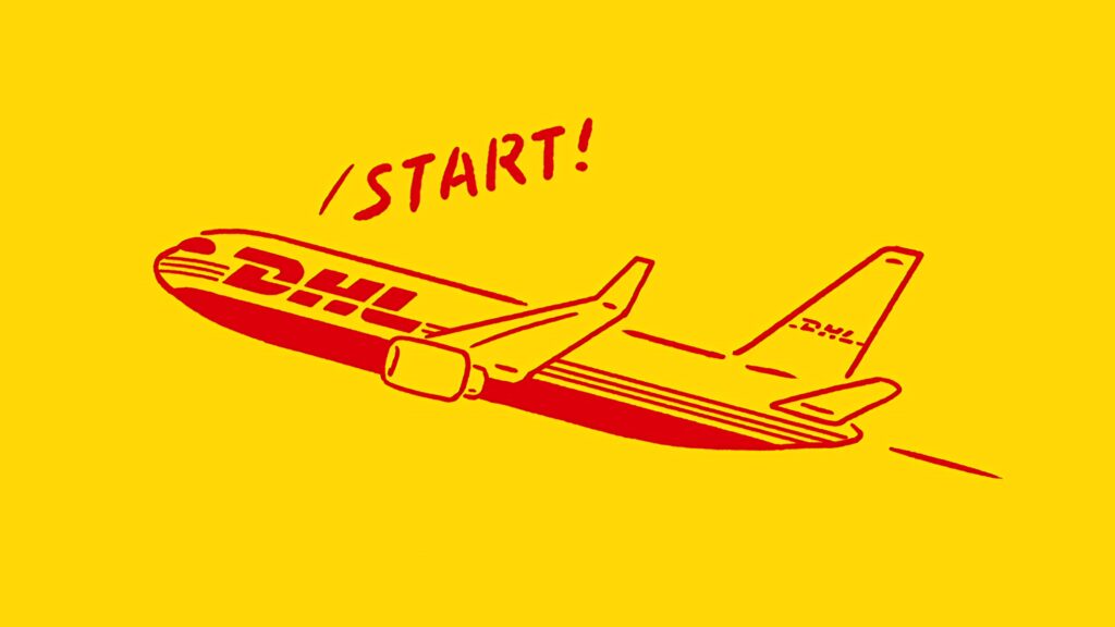 DHL airplane graphic in red lines on yellow background with START text showing fast global delivery Wallpaper