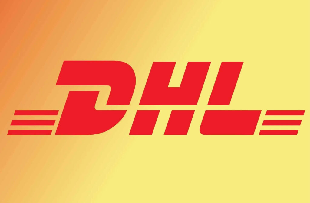 Bold red DHL Express logo on yellow orange gradient background representing fast global shipping Wallpaper