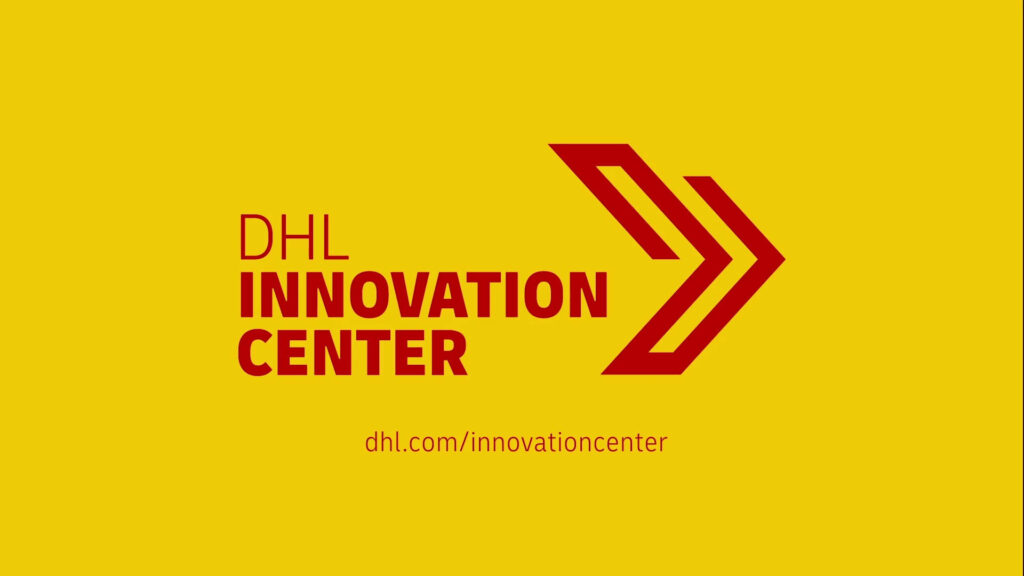 DHL Innovation Center banner with bold red text and arrows on vibrant yellow background wallpaper