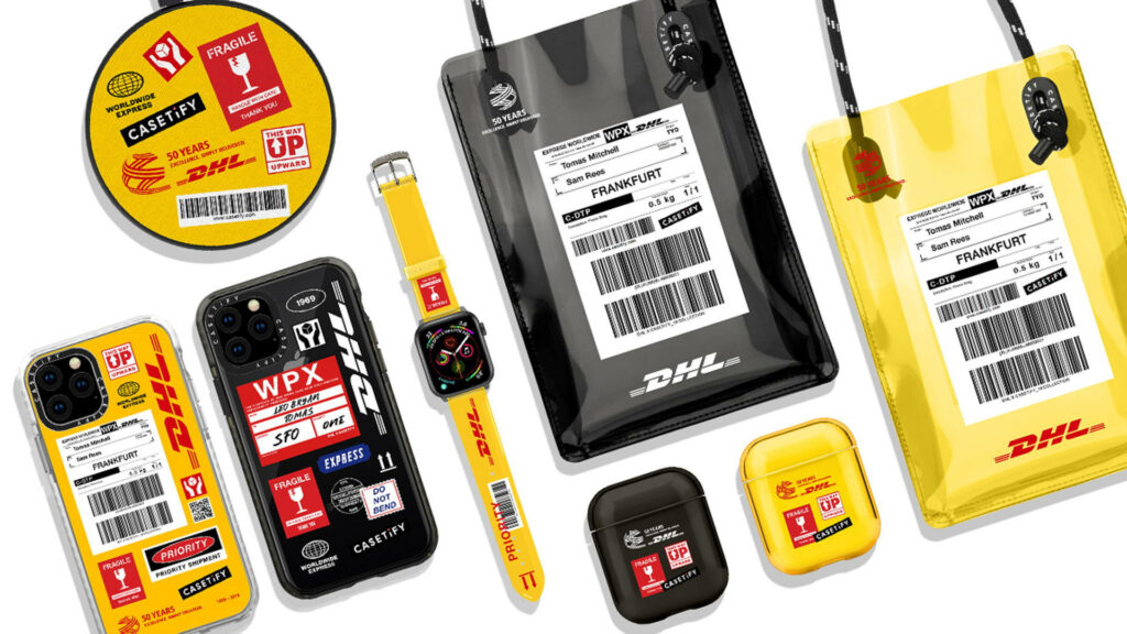 DHL limited edition tech accessories wallpaper with shipping labels and bold yellow red branding