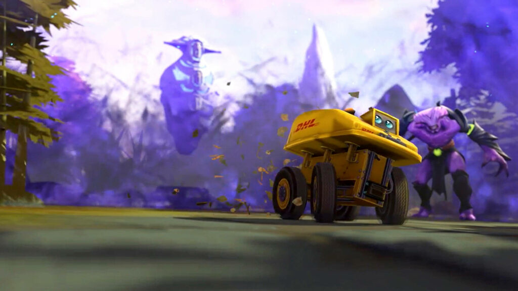 Cheerful DHL robot speeds through colorful mystical landscape with cartoon monsters and purple mist Wallpaper