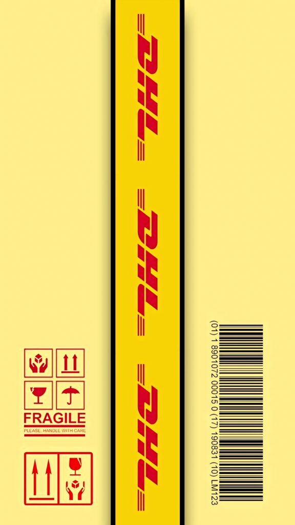 DHL sticker art wallpaper with yellow background red logo fragile symbols barcode urban style