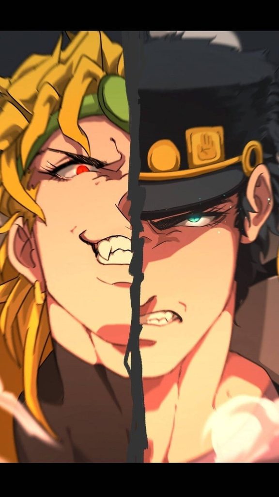 Intense split-portrait anime wallpaper of DIO and Jotaro Kujo fierce rivalry JoJo's Bizarre Adventure