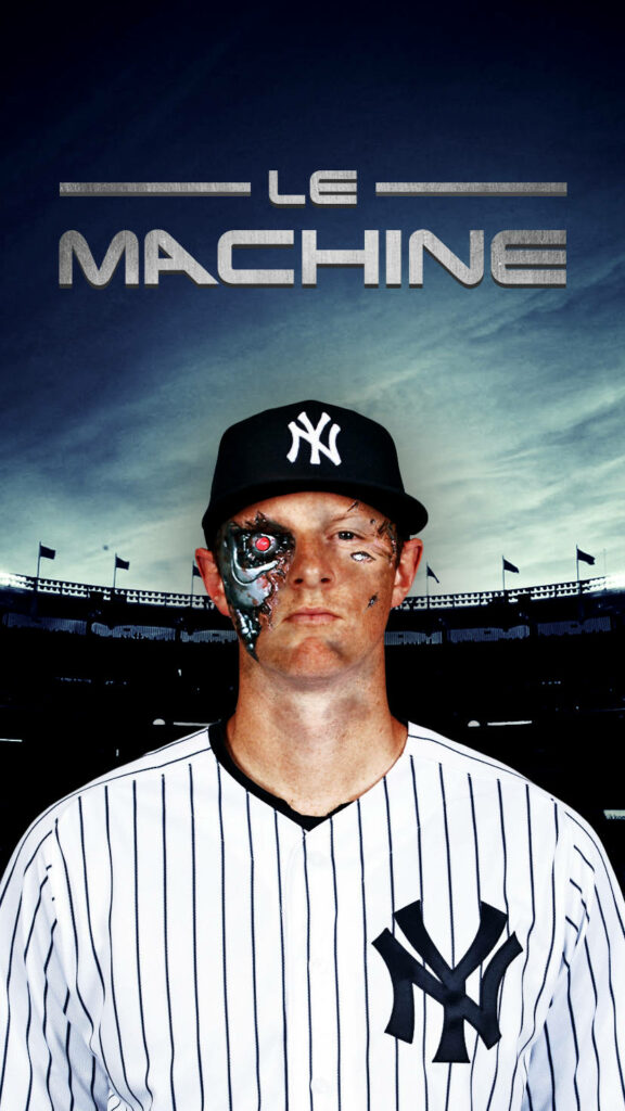 DJ LeMahieu futuristic baseball player with robotic cyborg face metallic accents dark stadium background Wallpaper