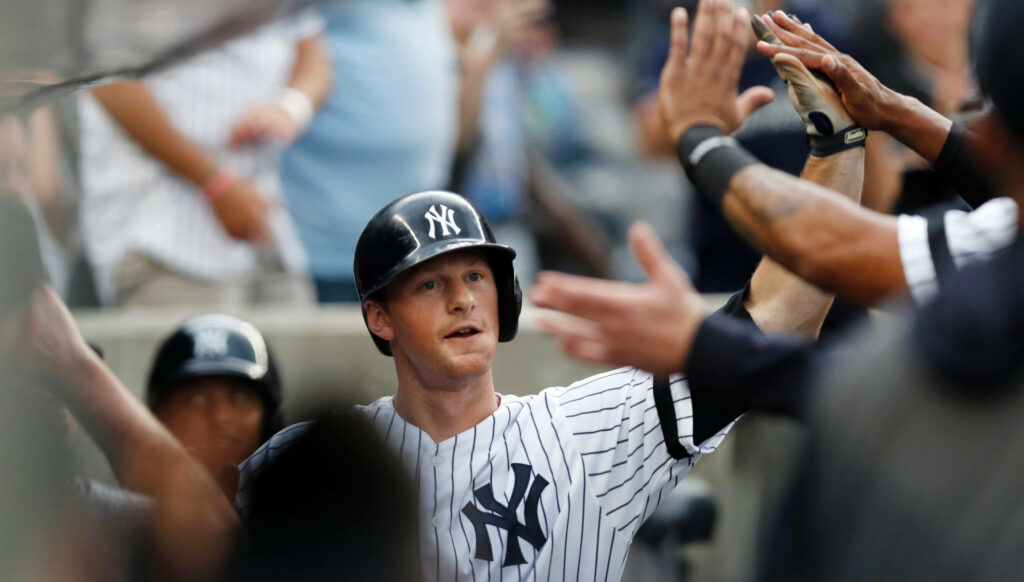 DJ LeMahieu in Yankees uniform celebrating with teammates and fans in lively dugout scene Wallpaper