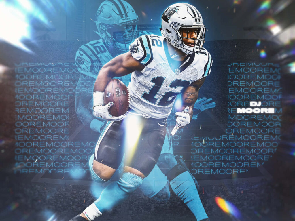 American football player DJ Moore number 12 in action with glowing accents and bold text wallpaper