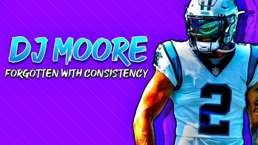 DJ Moore American football player in team uniform on vibrant purple dynamic wallpaper background