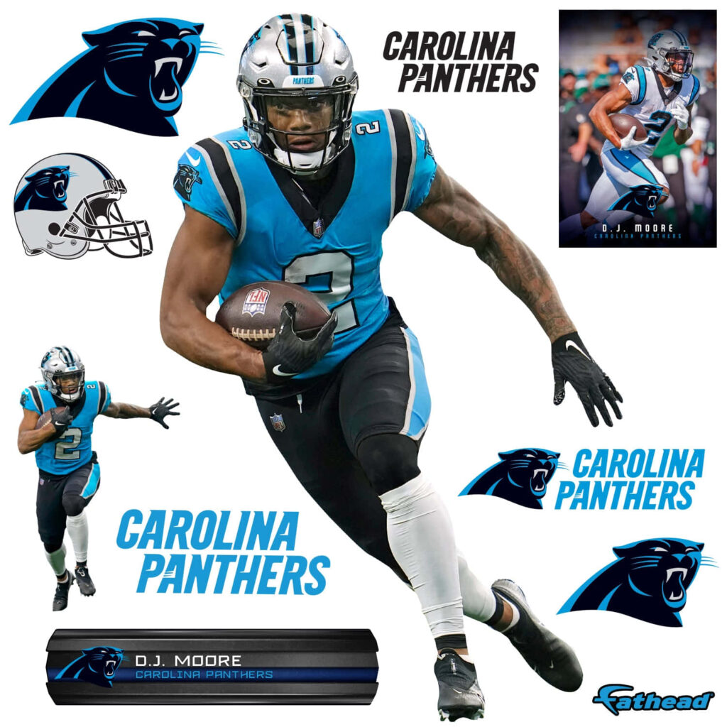 DJ Moore Carolina Panthers wallpaper collage showing football action poses and team logos on white
