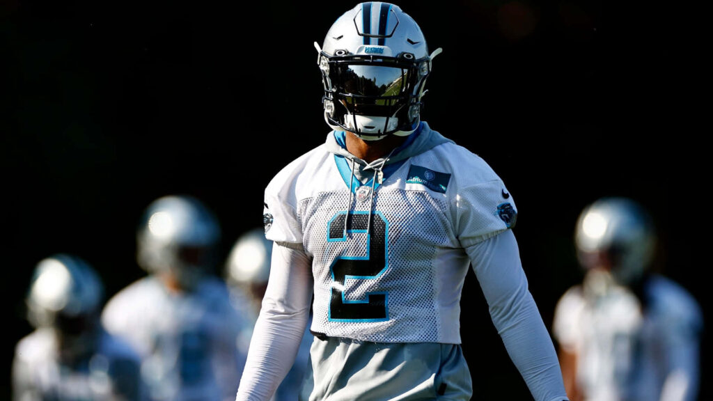 DJ Moore Carolina Panthers training camp focused expression reflective helmet visor sports wallpaper