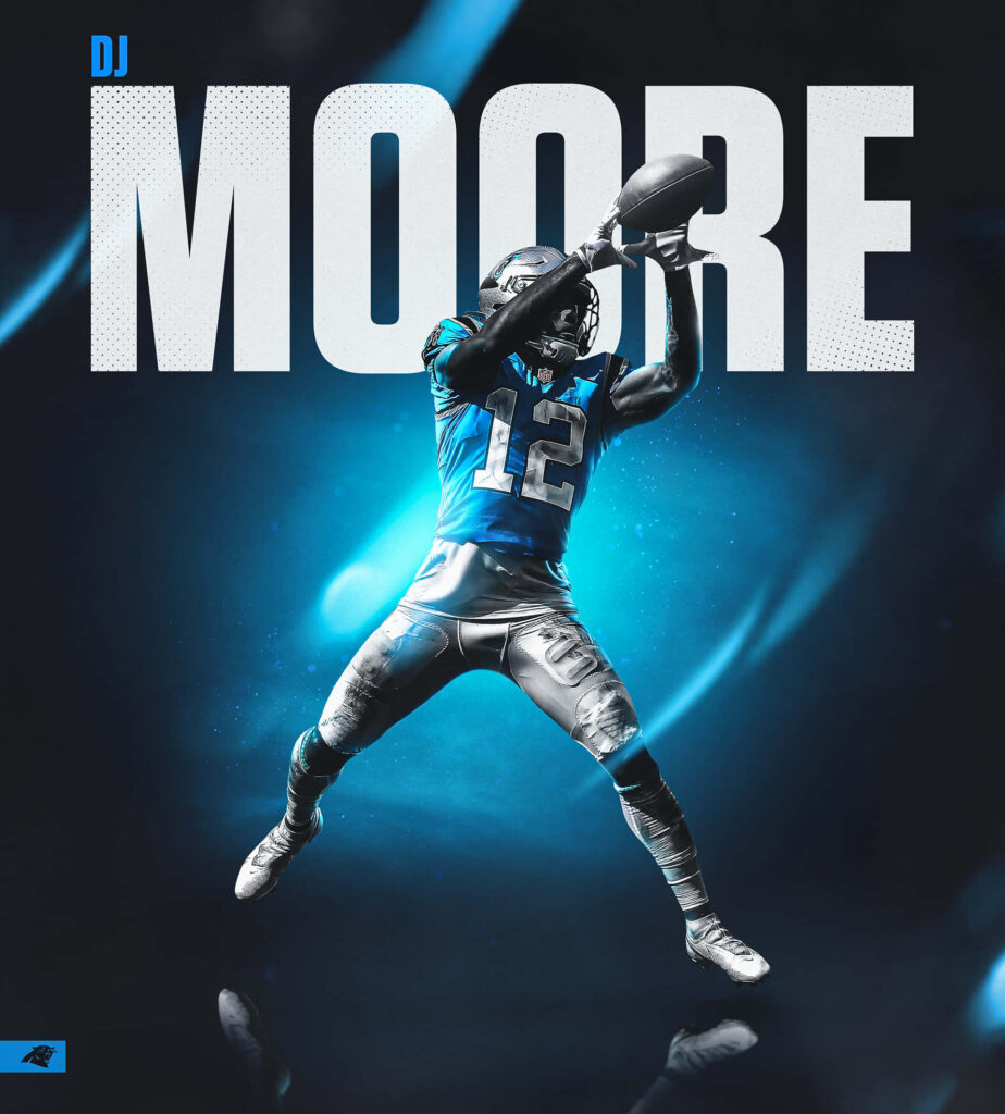 Carolina Panthers DJ Moore action wallpaper dark blue background bold lighting effects energy