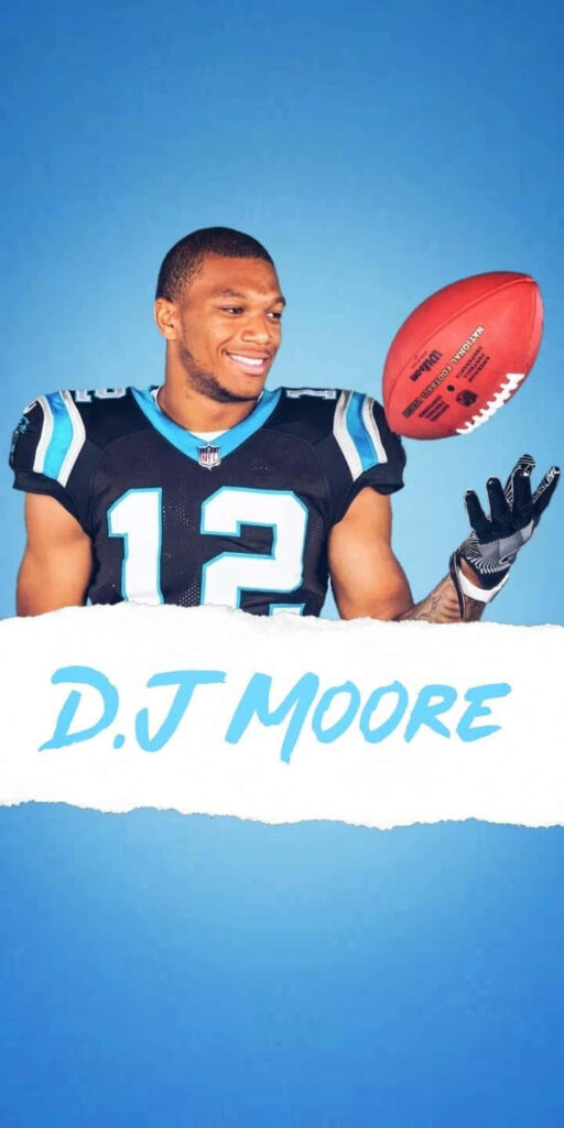 DJ Moore smiling in Panthers uniform holding football vibrant blue background wallpaper