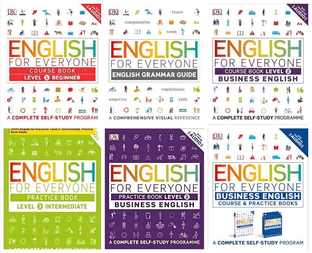 Colorful DK English for Everyone wallpaper with course covers and icons for language learners