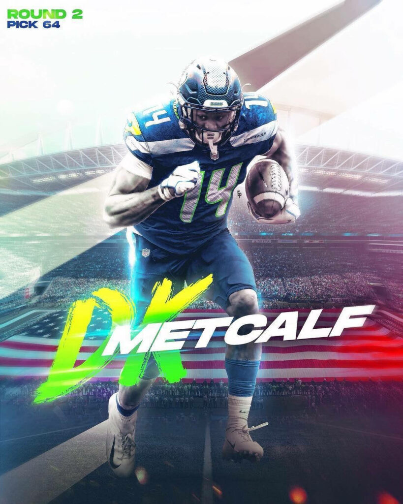 DK Metcalf Seattle Seahawks action poster neon text blue green stadium American flag wallpaper