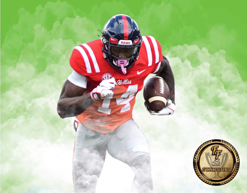 DK Metcalf in Ole Miss uniform running with football green white smoke background sports stats Wallpaper