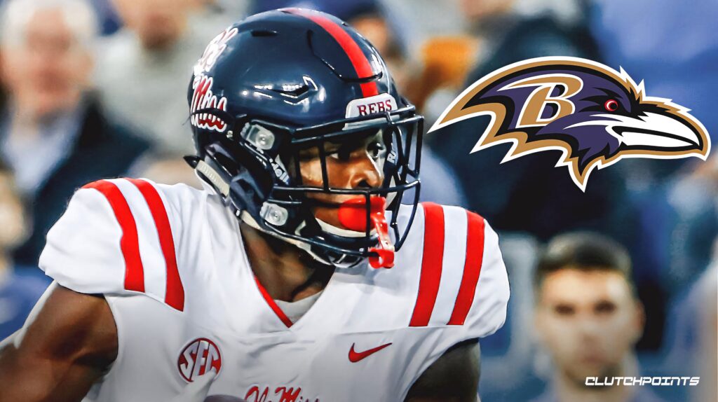 DK Metcalf Ole Miss uniform vibrant wallpaper with Baltimore Ravens logo football energy background