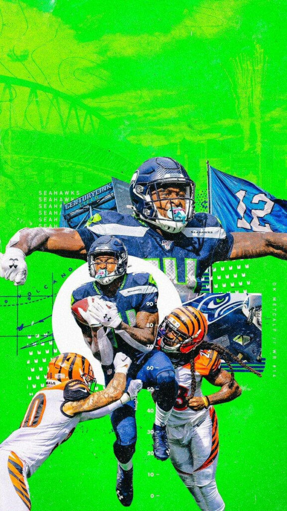 DK Metcalf Seahawks action collage wallpaper vibrant green football strength agility background
