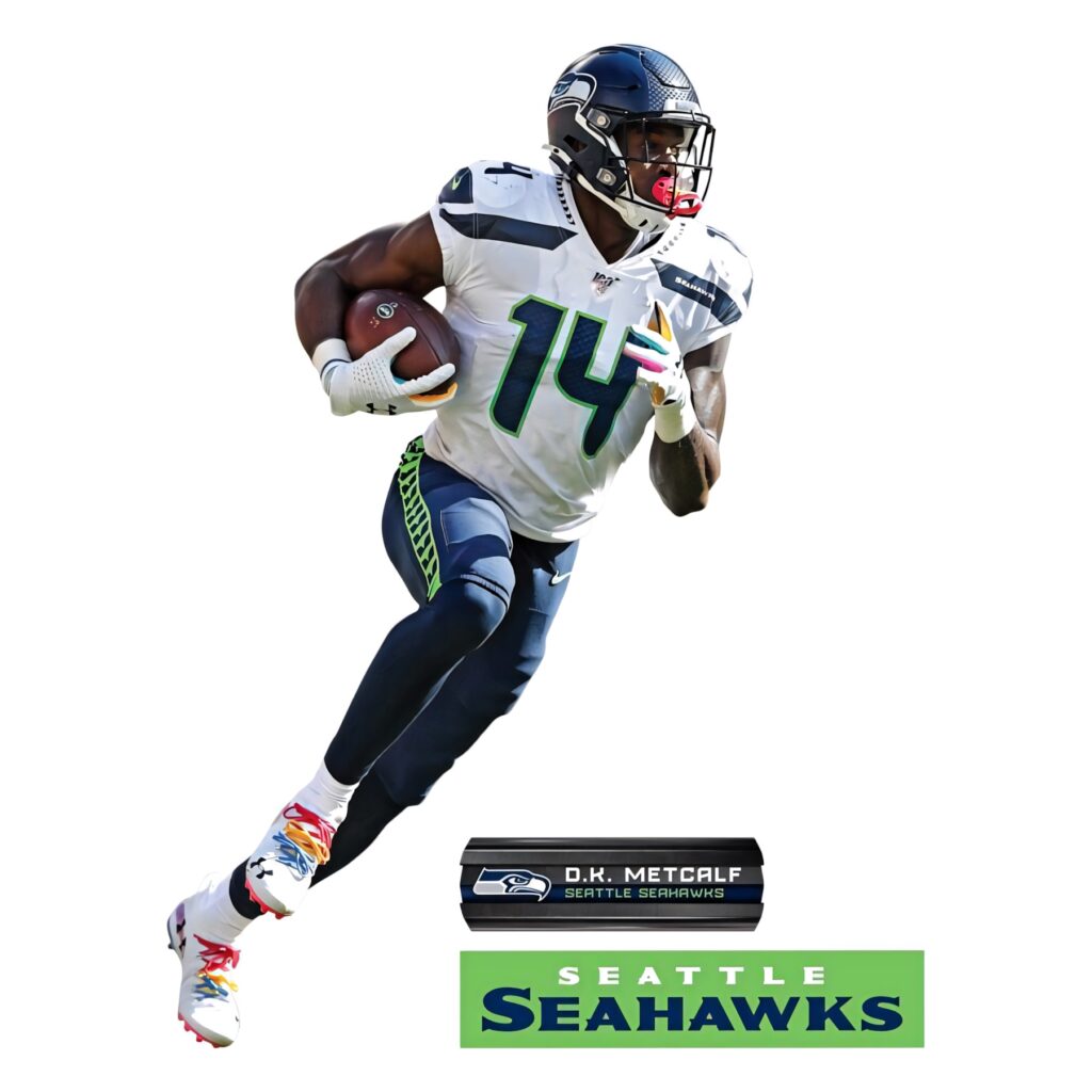 DK Metcalf running with football in Seattle Seahawks uniform blue green white wallpaper background