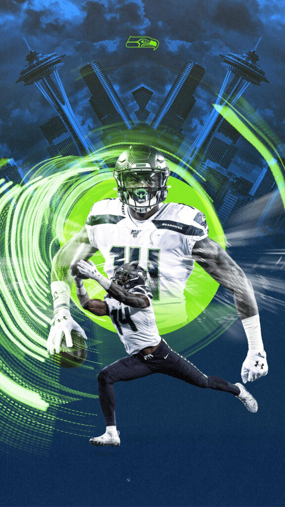 DK Metcalf Seattle Seahawks football action wallpaper vibrant green blue cityscape design
