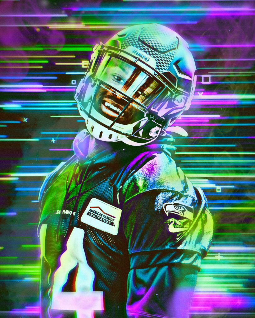 DK Metcalf Seattle Seahawks neon digital art wallpaper vibrant purple green blue light effects