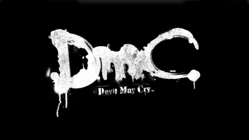 DMC Devil May Cry logo wallpaper bold distressed white text on black background dark intense game