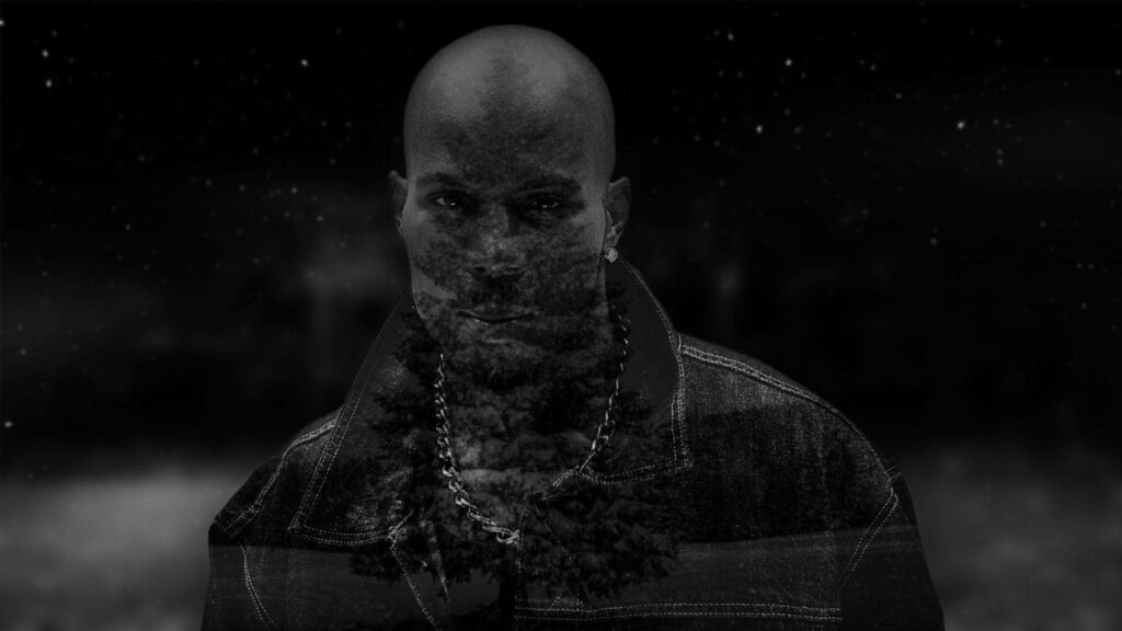 Black and white DMX rapper portrait wallpaper intense expression dramatic textured background