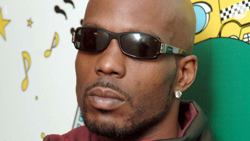 DMX close-up portrait with black sunglasses maroon shirt colorful music background wallpaper