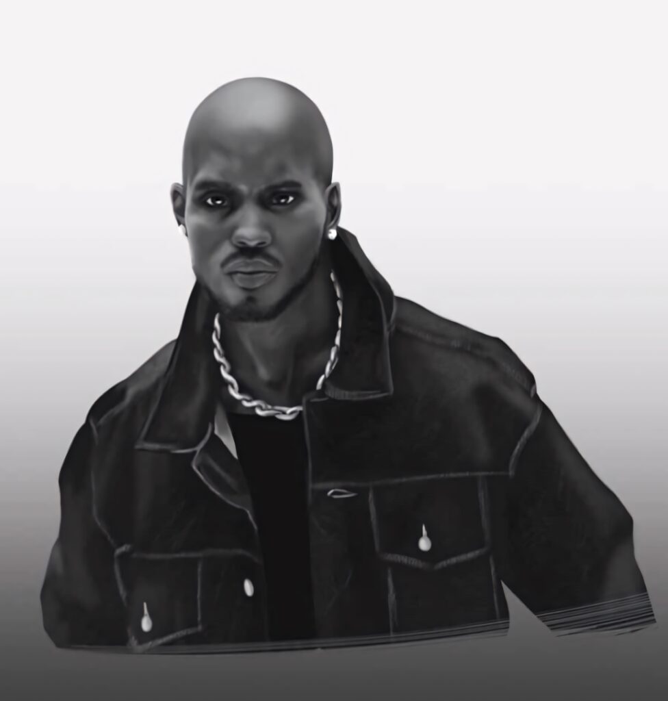 Digital portrait of rapper DMX in monochrome with chain necklace and dark denim jacket wallpaper
