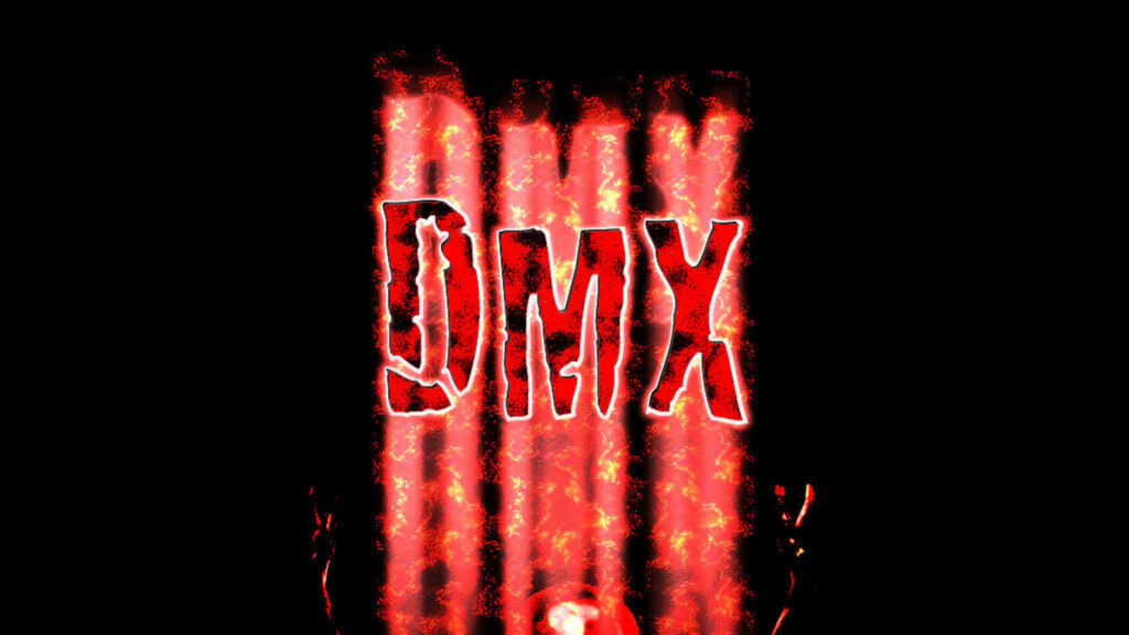 Eerie DMX poster wallpaper bold fiery red letters on black background intense rapper design