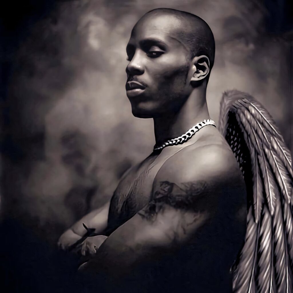 DMX monochrome wallpaper with angel wings smoky background showcasing rapper and actor legacy
