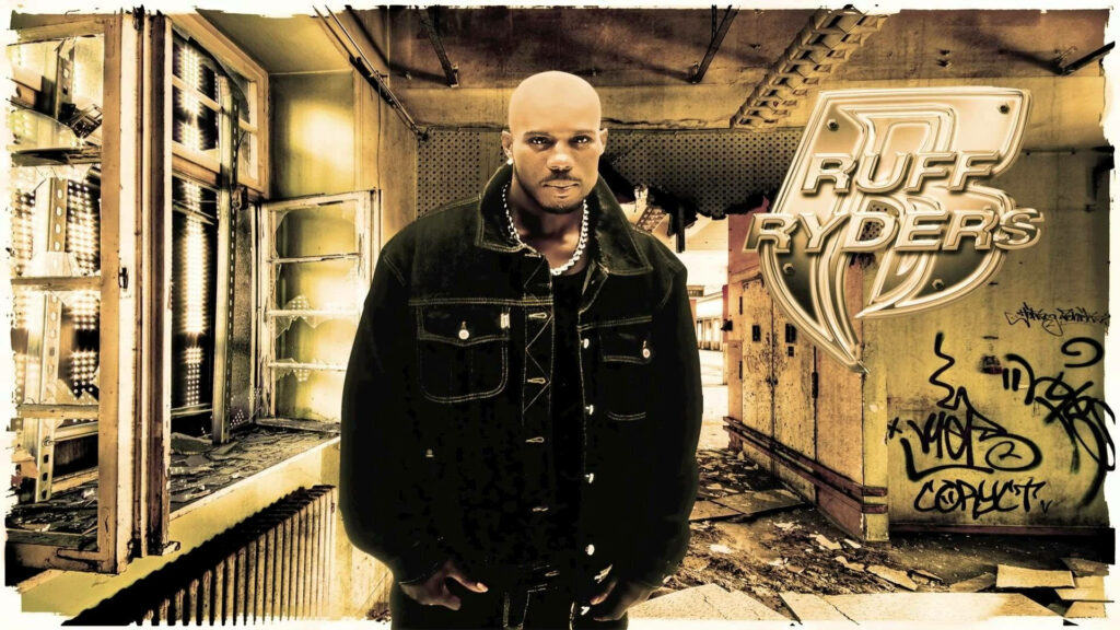 DMX rapper standing confident urban background Ruff Ryders logo graffiti gritty street style wallpaper