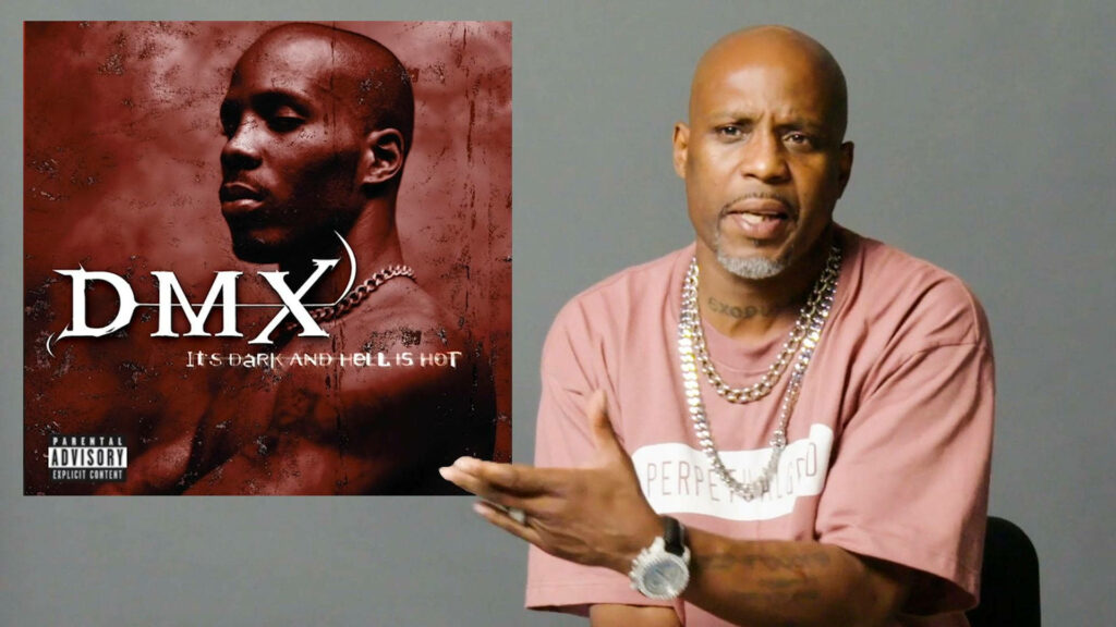 DMX rapper intense portrait with Its Dark and Hell Is Hot album cover hip hop wallpaper background
