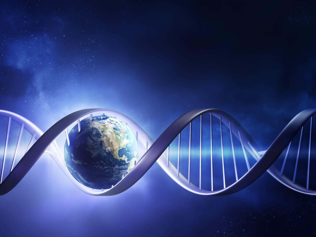 DNA double helix swirling around Earth cosmic background science genetics global connectivity wallpaper
