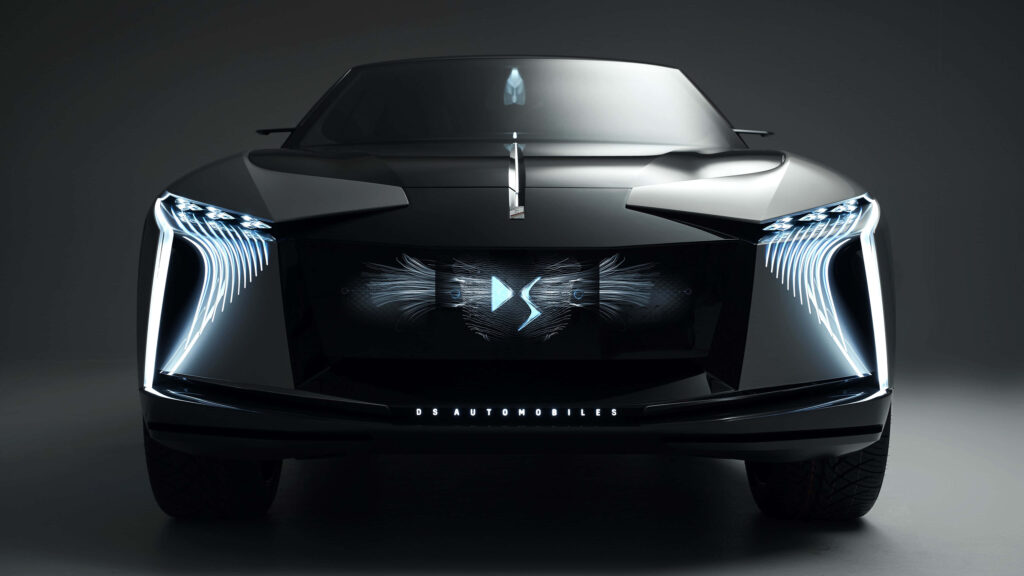 Futuristic DS Automobiles car front with sharp LED lights glossy black finish luxury design Wallpaper