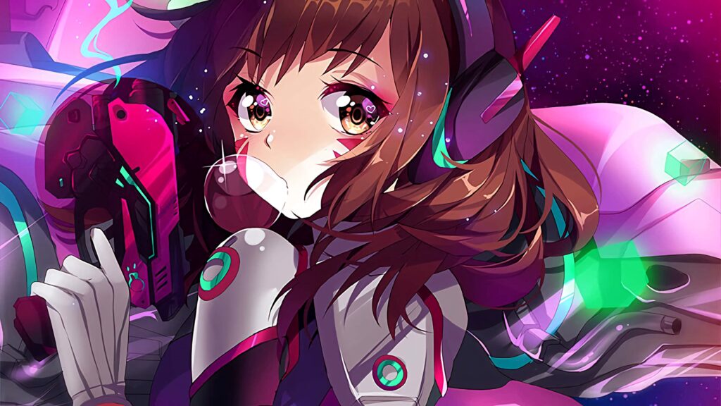 Anime style D.Va Overwatch wallpaper with neon background playful bubblegum and glowing tech