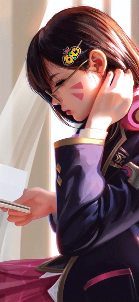 DVa Overwatch anime wallpaper school uniform face paint headset reading note natural light