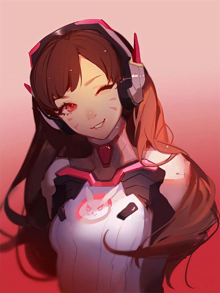 DVa Overwatch anime wallpaper pink peach tones smiling winking headset cute blush lighting background