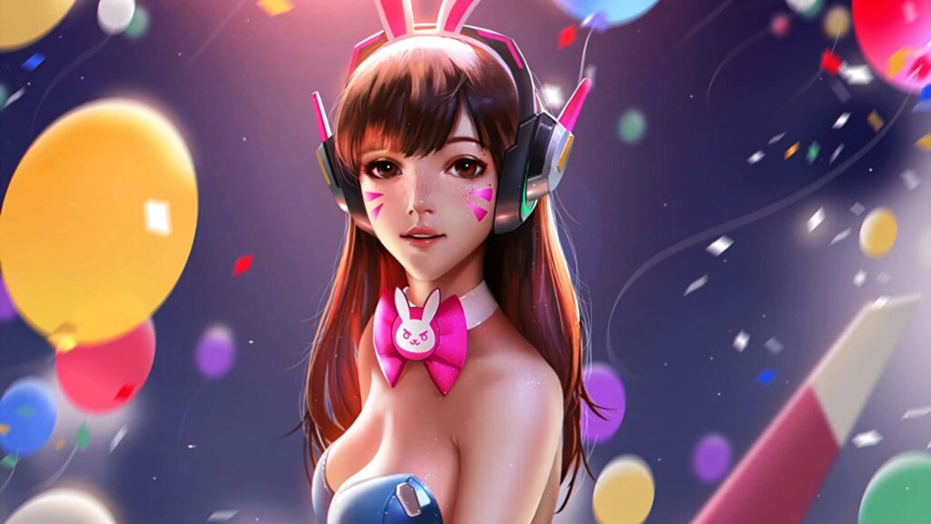 DVa Overwatch wallpaper vibrant digital art with colorful balloons headset bunny accessory festive