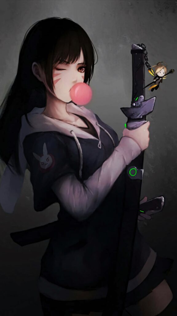 DVa from Overwatch blowing bubblegum holding large sword digital art with tech green light background Wallpaper
