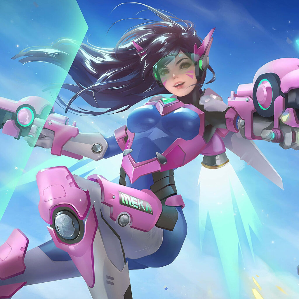 D.Va from Overwatch in blue pink mecha suit flying against vibrant sky high-tech wallpaper background