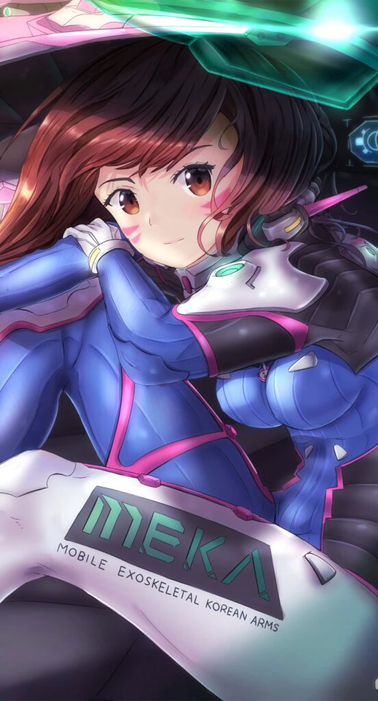 Dva from Overwatch in blue pink MEKA suit inside high tech cockpit vibrant anime art wallpaper
