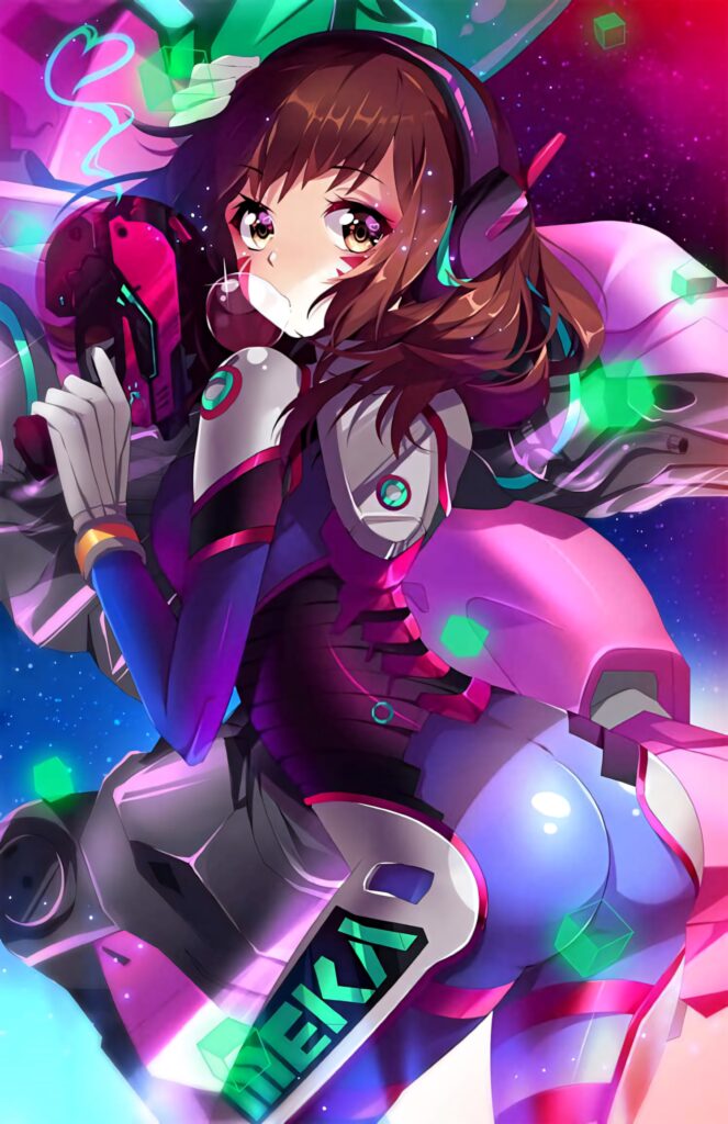 D.Va from Overwatch in iconic mech suit neon lights vibrant colors anime cosmic background wallpaper