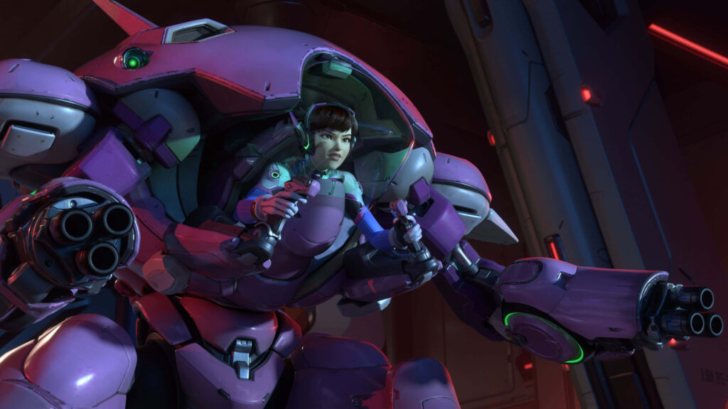 DVa from Overwatch piloting pink mech in futuristic neon-lit high-tech environment wallpaper background