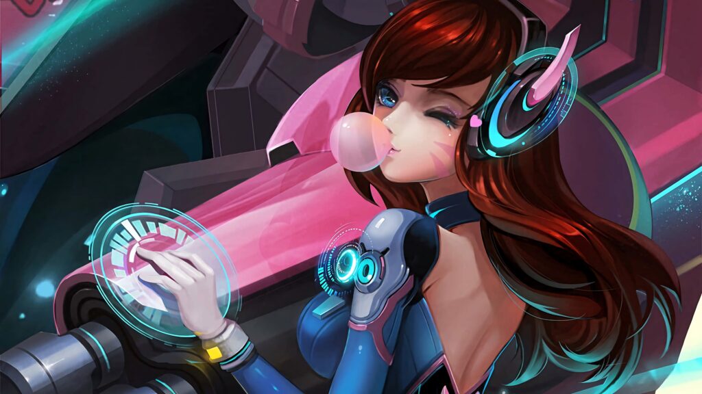 DVa from Overwatch in vibrant cyberpunk suit blowing bubblegum with holographic display anime art Wallpaper