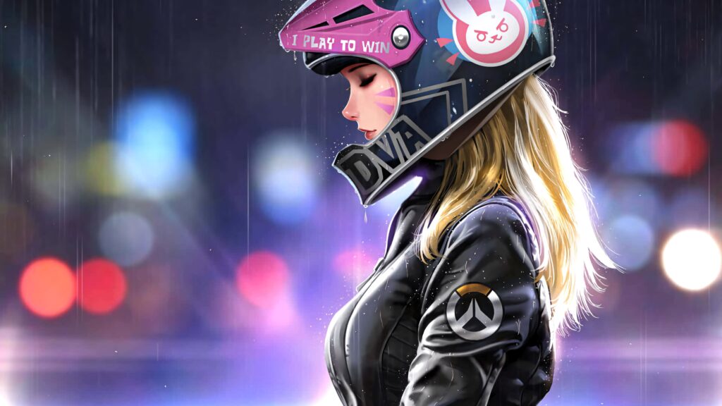 DVa Overwatch wallpaper profile racing helmet bunny emblem neon cyberpunk city rain background