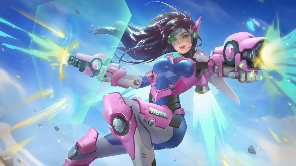 DVa from Overwatch in pink blue mech suit leaps with energy blasts futuristic vibrant wallpaper