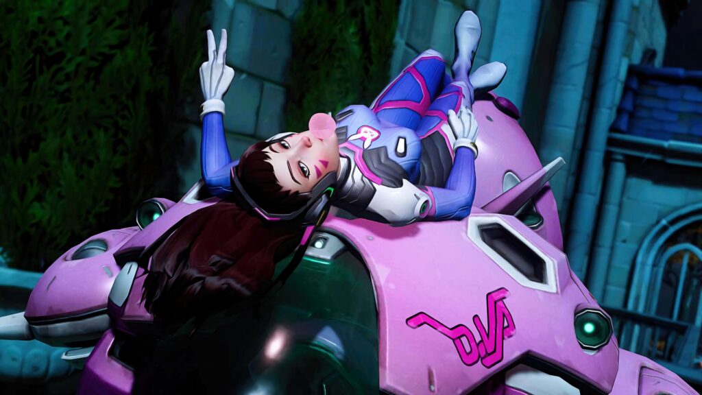 DVa from Overwatch reclining on pink mech vibrant night background digital art wallpaper