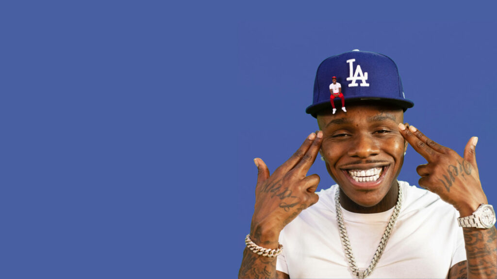 DaBaby blue aesthetic wallpaper rapper smiling navy LA cap chains miniature figure hip hop vibe
